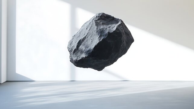 Suspended extraterrestrial black meteorite rock fragment levitating against a bright white canvas