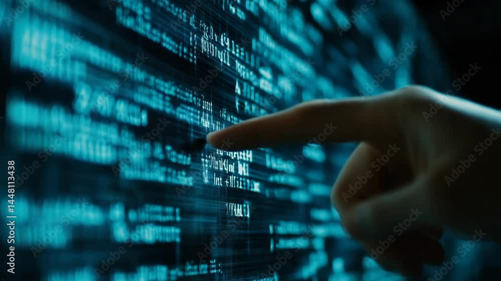 Poster a hand points to a glowing digital screen filled with blue data codes and lines, representing inform