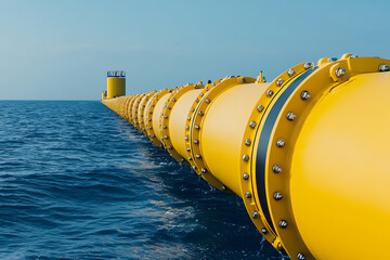 Yellow floating pipeline extends across the sea. Cylindrical segments connected with bolts and visible tower in background. Bright sky and blue water.