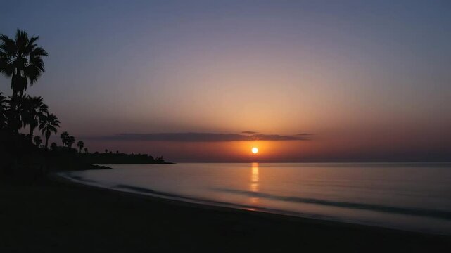 Minimalist beach scene with calm water and palm tree silhouettes, sun setting slowly changing sky from orange to purple