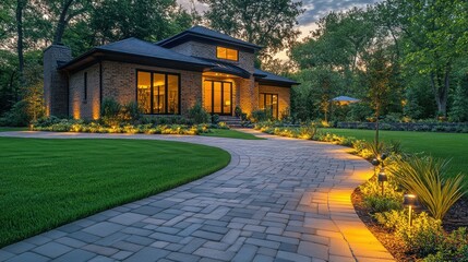 Illuminated Pathway to Modern Brick Home at Dusk