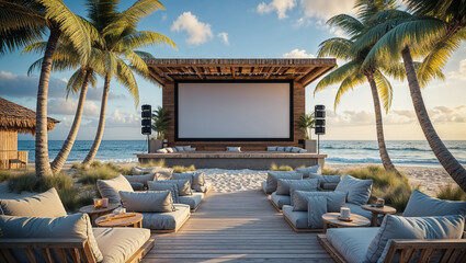 Luxury outdoor cinema experience on tropical beach with palm trees and ocean view.