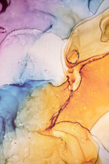 Colorful marble surface in orange, blue and pink tones with glitter effect. Modern abstract stone background.
