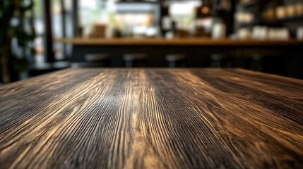 Close-up of wooden table with blurred coffee shop counter.