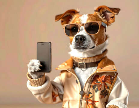An animal dog fashion blogger with phone in the trendy clothes