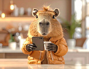 An animal capybara fashion blogger with phone in the trendy clothes