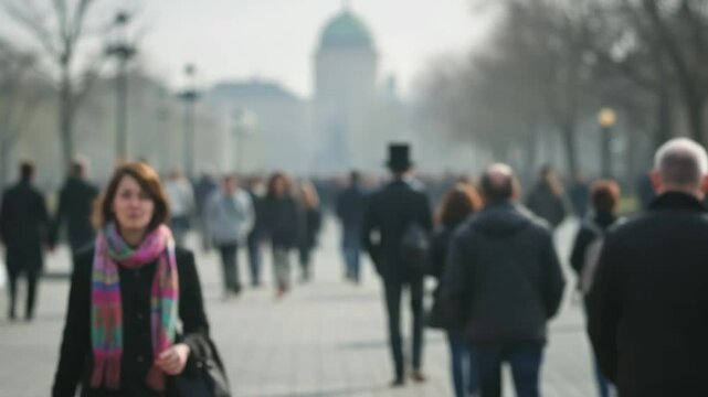 Stylized crowd moving slowly in wave-like motion, muted tones, city plaza background