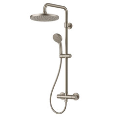 Modern thermostatic shower system featuring large rain head, adjustable hand shower, and sliding height bar.