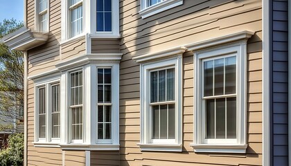 Two-story house with light brown siding white trim gray roof.