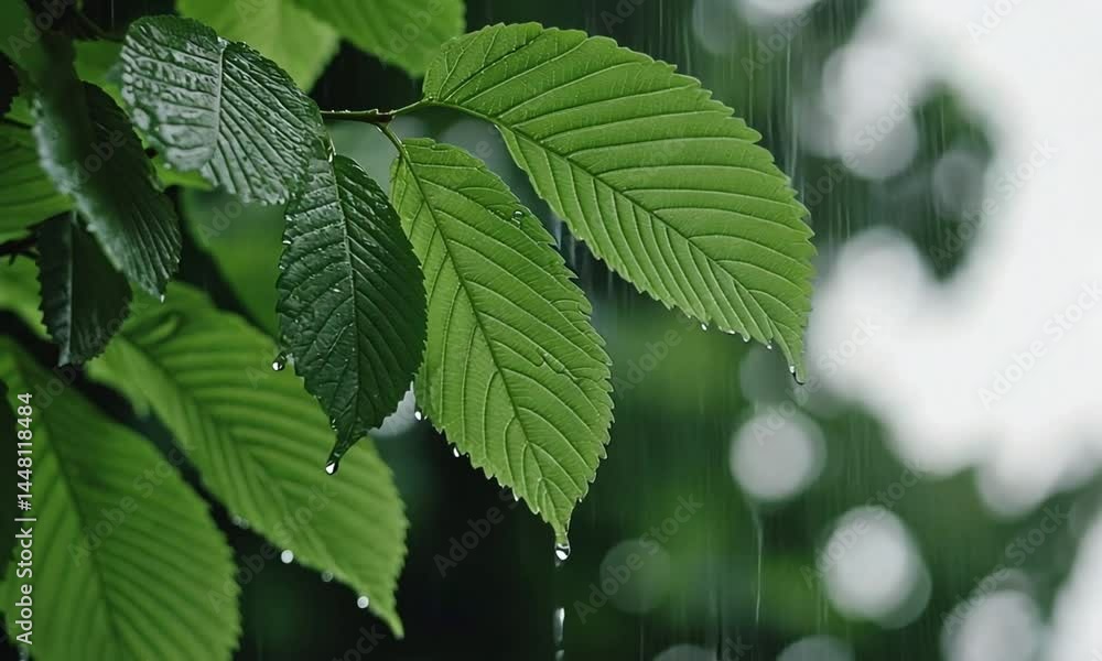 Poster Close-up of raindrops dripping on lush green leaf in serene environment made with Generative AI technology

