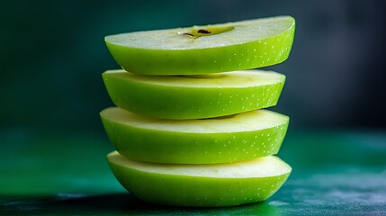 Four sliced green apples are stacked neatly on a dark green surface indoors