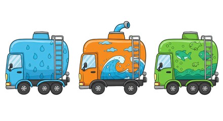 Fototapeta premium Three Water Tanker Trucks Cartoon Illustration