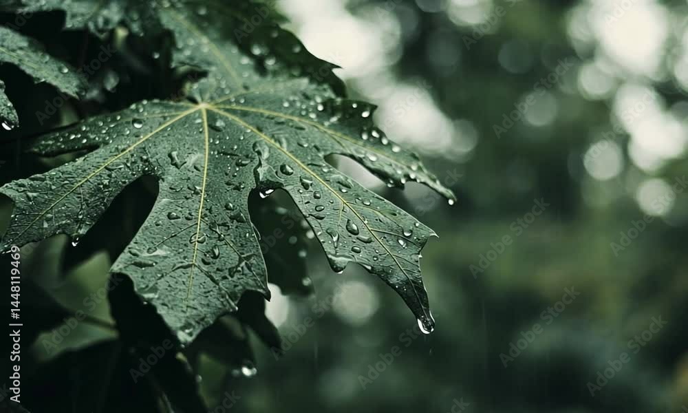 Poster Raindrops softly falling on a vibrant green leaf in natural setting made with Generative AI technology

