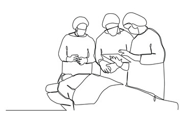 Continuous one single line drawing group of team surgeon doctor doing surgery operation to the patient with critical condition.