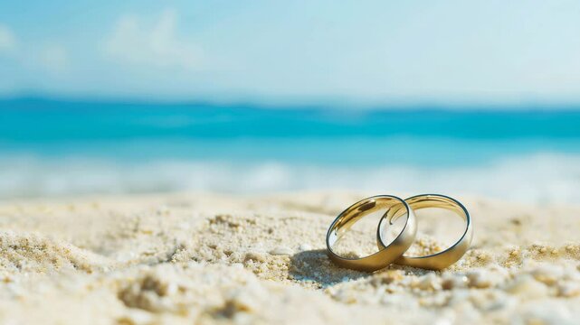 ビーチに置かれた結婚指輪