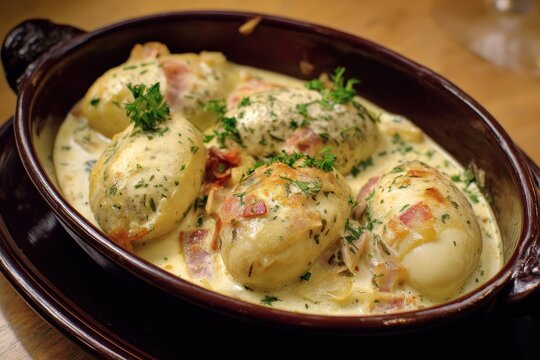 Lyon s specialty oval dumplings with pike fish in creamy sauce served at a traditional bouchon in France