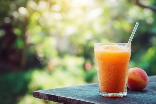 Lynchee combined peach juice in a plastic cup on a garden table A refreshing summer beverage