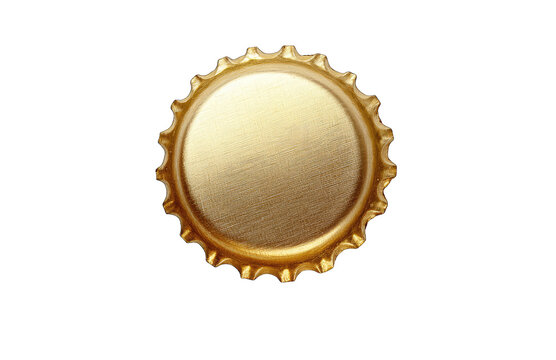 A close-up view of a shiny. golden bottle cap resting on a dark background. showcasing its metallic texture and circular shape. ideal for beverage-related content or packaging designs