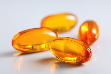 Macro shot of isolated omega 3 fish oil capsules on white