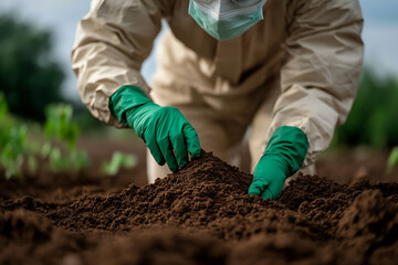 Person in protective gear examining soil for health and contamination. Agricultural worker checking ground quality for optimal crop growth and environmental safety.