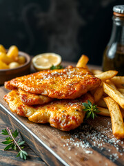 Frittiertes Wiener Schnitzel vom Kalb von der Oberschale mit Pommes Frites und Zitrone als closeup auf einem alten rustikalen Schneidebrett