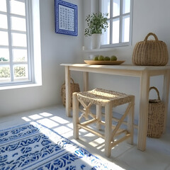 Sunny Mediterranean kitchen interior with woven stool, baskets, and rug