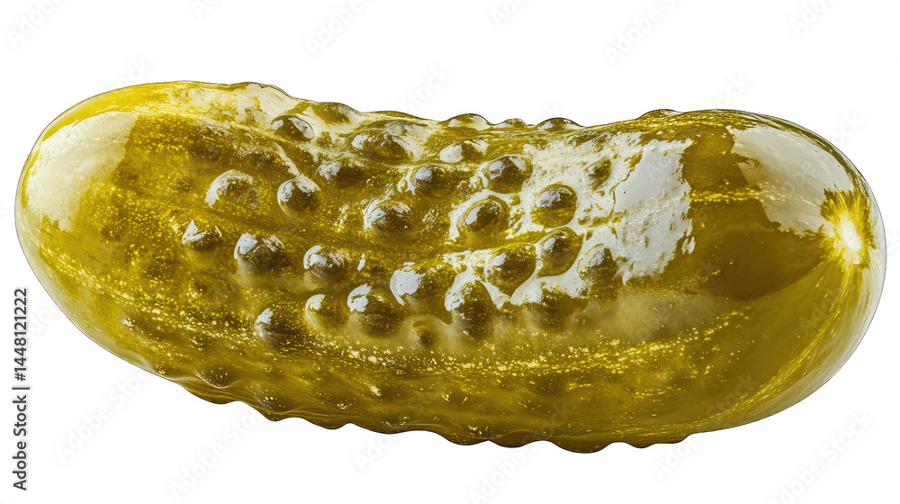 Poster a close-up view of a glossy. pickled cucumber resting on a white background. showcasing its textured