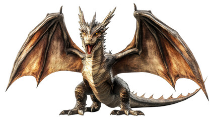 A majestic dragon with expansive wings and fierce expression stands proudly. showcasing its intricate scales. set against a mystical landscape with distant mountains and a cloudy sky