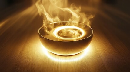 Glowing bowl steaming on wood; light rays