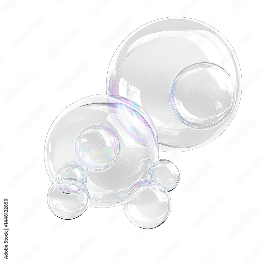 Poster two translucent soap bubbles floating gracefully against a solid background. with soft reflections a