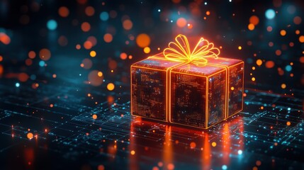 Glowing gift, digital backdrop, festive, tech