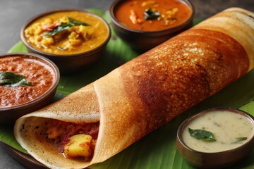 Masala dosa with coconut chutney and sambar is a popular South Indian breakfast Aerial view of the pancake filled with potato curry
