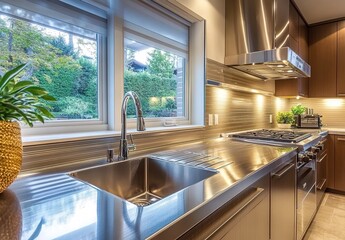 Modern kitchen with stainless steel sink, faucet, potted plant, mixer on countertop near window.