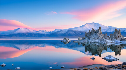 Fototapeta premium Serene Mono Lake Sunrise: Majestic Snow-Capped Mountains Reflected in Soft Pink and Blue Hues