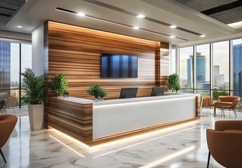 Modern reception area with wooden wall, TV, white desk, monitors, plants and gray armchairs.