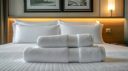 Neat bed with folded towels, lamp and window view in hotel-style room.