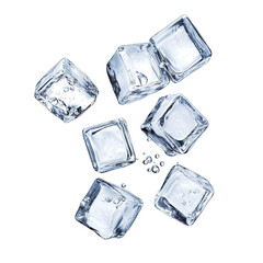 Obraz premium A collection of clear ice cubes scattered on a white background. showcasing their transparency and texture. ideal for beverage-related imagery or cooling concepts