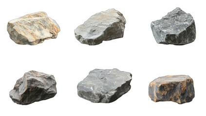 A collection of various natural rocks displayed on a white background. showcasing different textures and colors. ideal for educational purposes or geological studies