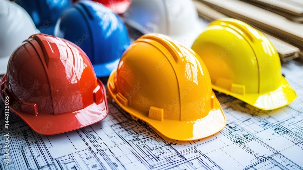 Poster four colorful hard hats on a table with blueprints in the background.