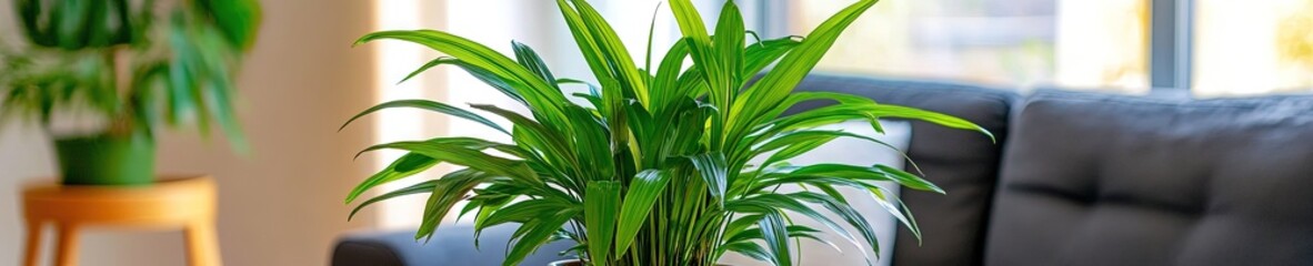 Fototapeta premium photo of chinese fan palm houseplants in living room 