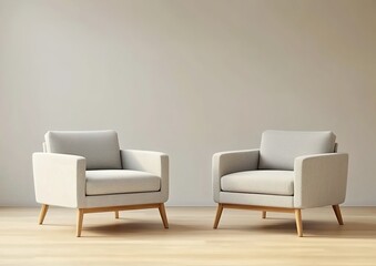 Fototapeta premium Light-beige armchairs on wooden floor with matching walls in minimalist interior.
