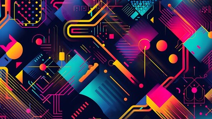 A vibrant abstract digital design featuring colorful circuits, neon lights, and geometric patterns, symbolizing advanced technology and innovation.

