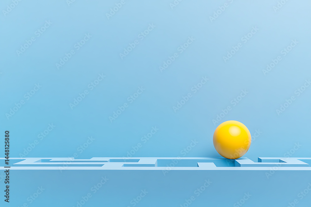 Poster golden sphere navigates a light blue maze, symbolizing problem-solving and strategy in a simple, cle