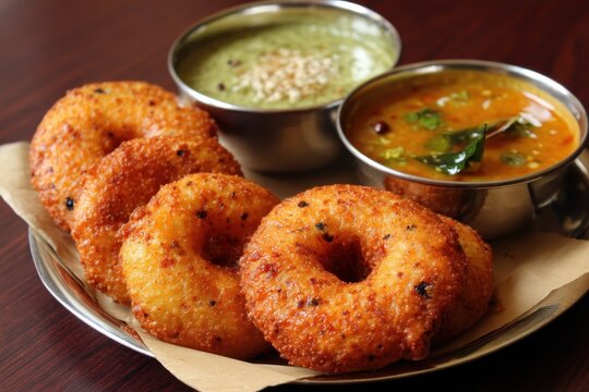 Medu Vada a famous South Indian snack is accompanied by Sambar and green coconut chutney