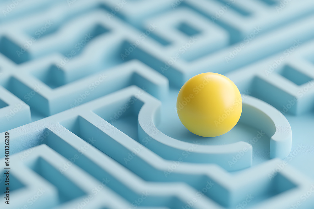 Poster navigating complex challenges: a yellow sphere finds its way through a pastel blue maze, symbolizing