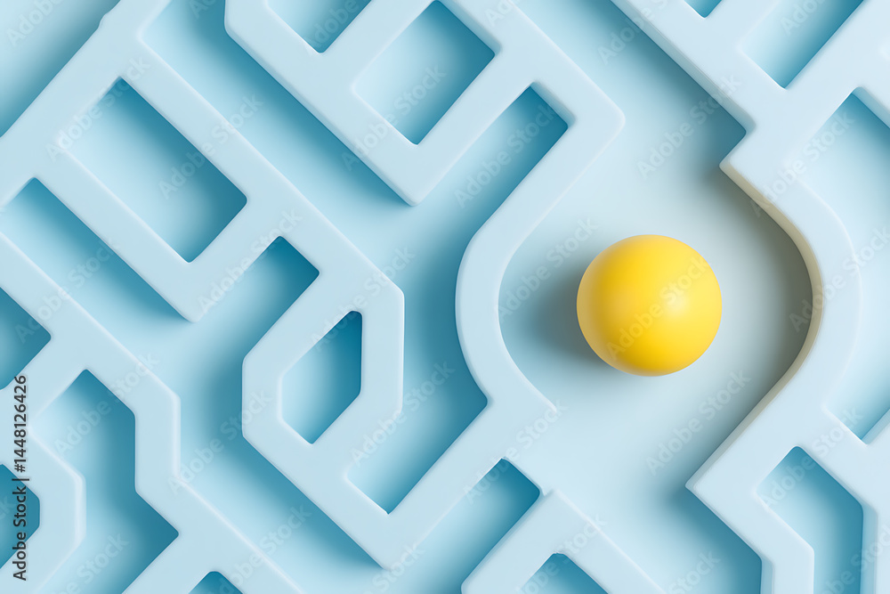 Poster yellow sphere rests within a blue labyrinth, symbolizing choices & the path to a goal. modern maze. 