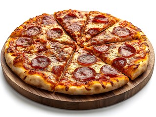 Delicious Pepperoni Pizza on Wooden Board with Sliced Pieces