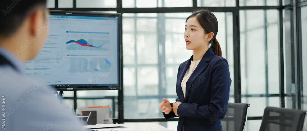 Poster an asian financial analyst gestures toward a colorful performance chart on a large monitor during a 