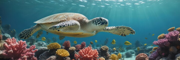 Fototapeta premium Green sea turtle explores a colorful coral reef in a crystal-clear ocean , ocean life, blue