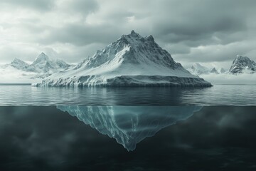Snow Covered Mountain Reflected in Water Under Cloudy Sky Landscape in Monochromatic Palette Stark Winter Nature Scene